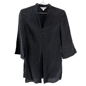 VIVID 100% Linen Mandarin Collar Button Up Tunic Blouse‎ • Small • black
